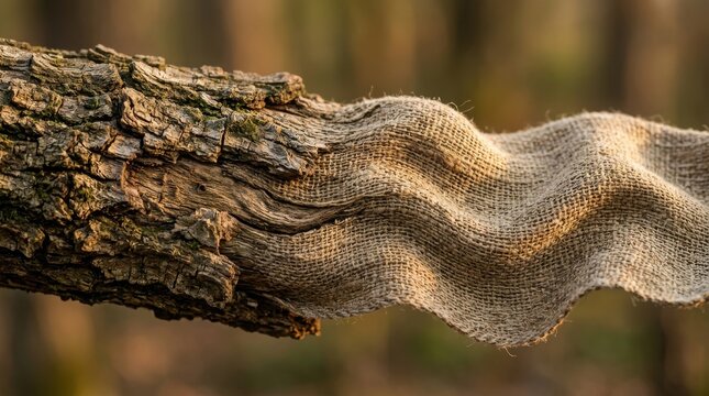Burlap fabric draped over a tree branch in forest