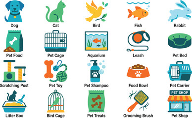 Naklejka premium Pet Shop and Domestic Animal Care Icon Set with Dog Cat Bird Fish Food Cage Carrier and Grooming Accessories Vector Symbols