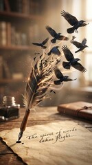 Obraz premium Quill pen transforming into flying crows