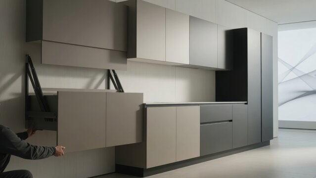 Modern Kitchen Cabinet Installation with Lift-Up Door Hinge