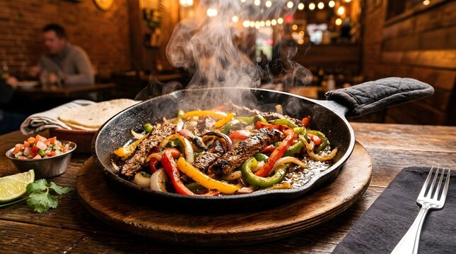 Sizzling fajita skillet with peppers and onions cooking on stove, authentic mexican grilled meat and vegetable dish being prepared in cast iron pan, perfect for national fajita day