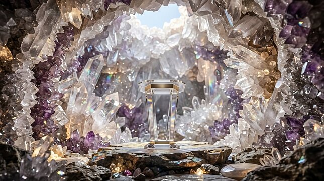 Crystalline cave interior with glowing pedestal and natural light