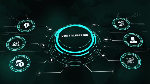 Futuristic glowing digital button displaying Digitalization text with circuit board lines and HUD technology.