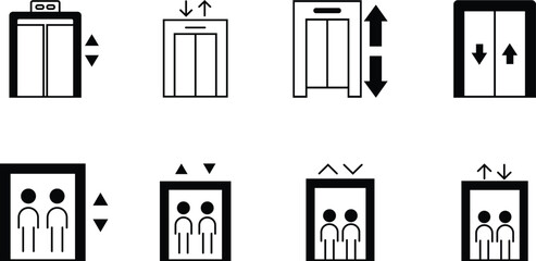 Collection of different styles elevator icon. Elevator icon set with solid black icon on white background. Elevator transport movement up down cabin lift door. lift icons with transportation. vector © Art Store