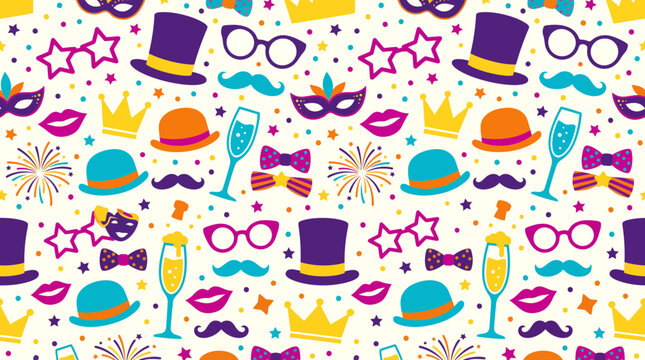 Colorful seamless pattern featuring party props like masquerade masks, top hats, champagne glasses, mustaches and stars, Expressing festive celebration and provides event backdrop design