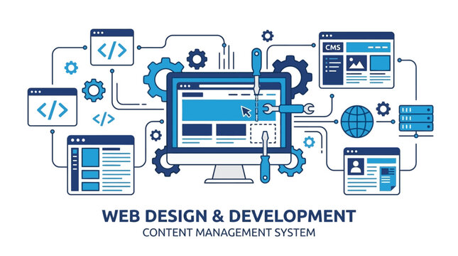Creative vector illustration depicting modern web design and software development process with content management system interface elements and digital programming code symbols for technology