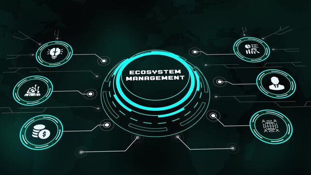 Futuristic glowing digital button displaying Ecosystem Management text with circuit board lines and HUD technology.
