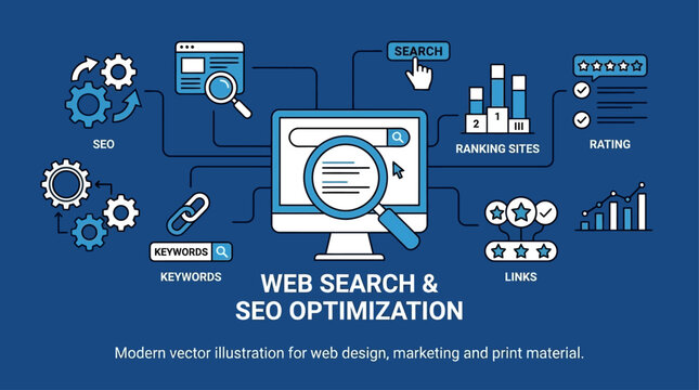 Flat line design website banner featuring search engine optimization concepts, website ranking analysis, digital data rating, modern web interface vector illustration for SEO marketing services.