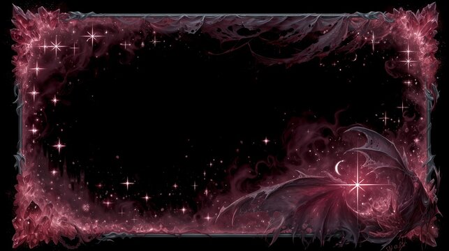 Dark gothic Halloween decorative frame with burgundy crystal clusters, tattered demon wings, glowing star sparkles, empty black center, spooky fantasy border for stream overlay, party invitation banne