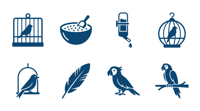 Collection of bird pet care icons including cages, seeds, water bottle, feather and parrot silhouettes on white background, provides resources for veterinary clinic and representing avian branding