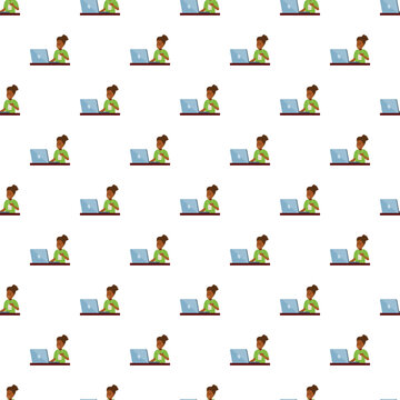 Woman using laptop at a desk creating a continuous digital work pattern