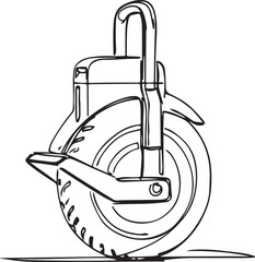 Continuous one line drawing rugged electric unicycle, detailing its boxy battery body casing, ergonomic top carry handle, sturdy folding footplates.one line icon drawing © alimon