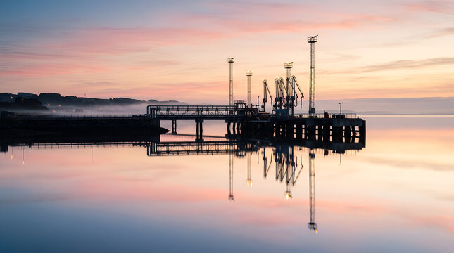 Marine loading terminal jetty with loading arms reflected on perfectly still water at pastel dawn, calm industrial seascape panoramic banner