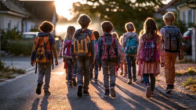 Gruppe von Schulkindern auf dem gemeinsamen Schulweg am fr&uuml;hen Morgen