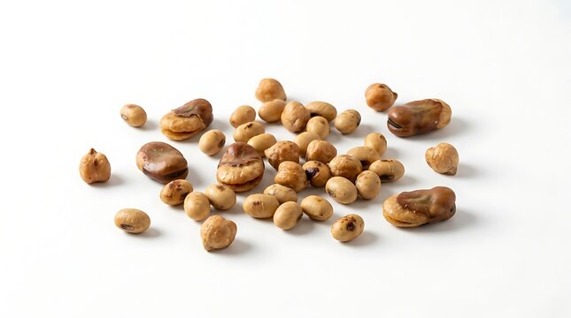 A pile of roasted fava beans and crunchy soybeans scattered on a flat surface for healthy snacking. roasted bean medley