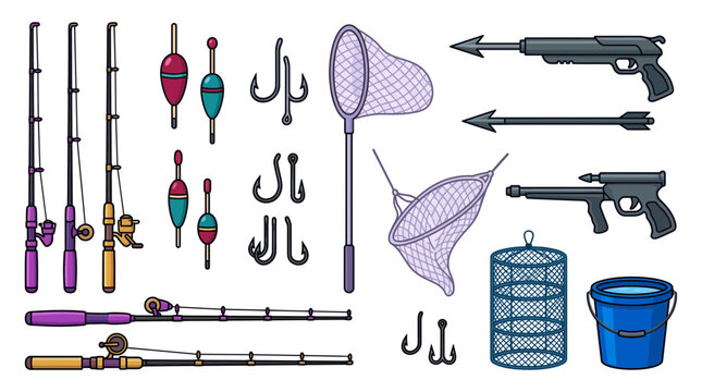 Set of flat fishing gear icons with rods, reels, hooks, floats and spearguns isolated on white background, symbolizing outdoor hobby activities and provides graphics for sporting equipment