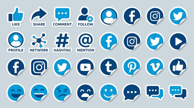 Comprehensive Collection of Flat Social Media Marketing Stickers Featuring Engagement Icons for Digital Networking Sharing and Online Communication Isolated Vector Graphic Elements on White