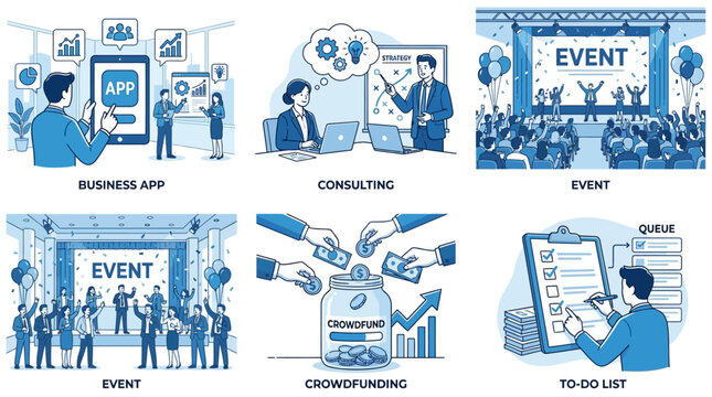 Corporate Business Team Professional Consulting Service and Mobile Application User Interface Concept Vector Illustration Collection Featuring Diverse People Interaction