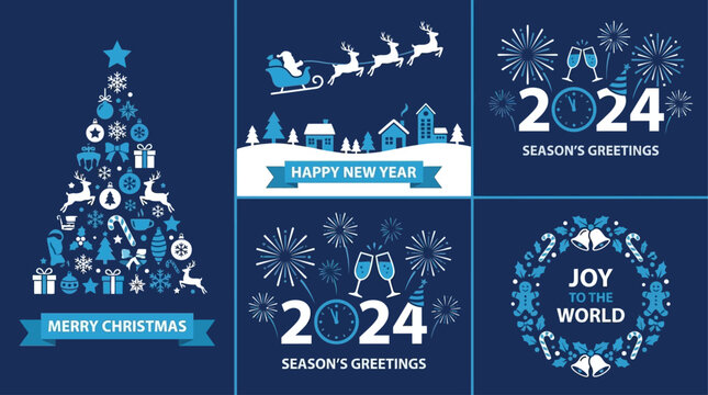 Merry Christmas and Happy New Year Greeting Card Vector Illustration Concept Set Collection with Festive Season Ornament Decoration Winter Typography Graphic Design Element Banner Template Poster
