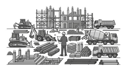 Obraz premium Vector illustration of a construction site with machinery and engineer