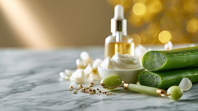 Serene skincare essentials aloe vera, creamy balm, serum bottle, and roller