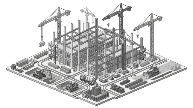 Isometric illustration of building construction site with machinery and cranes