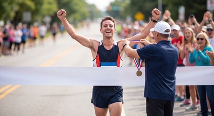 Fototapeta premium Excited male marathon runner celebrates victory crossing the finish line, receiving a medal from official