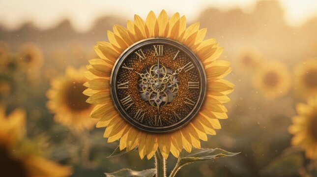 Clock face inside a blooming sunflower in a field