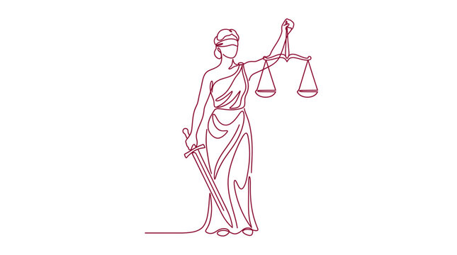 Continuous line drawing of Lady Justice holding scales and sword while blindfolded in maroon color on white background, symbolizing legal system integrity, illustrating judicial branch values