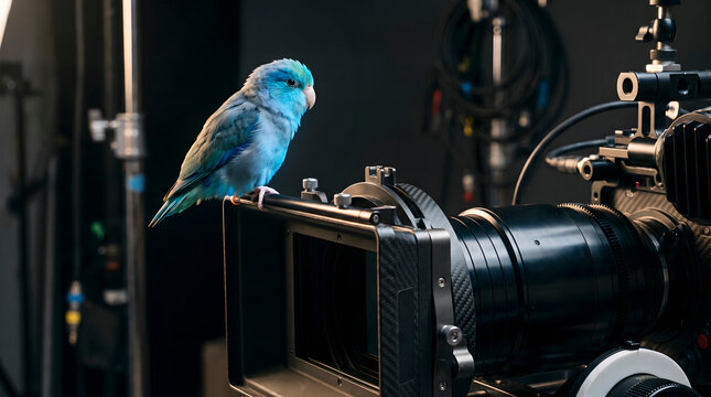 Blue Pacific Parrotlet bird perched on professional cinema camera rig.