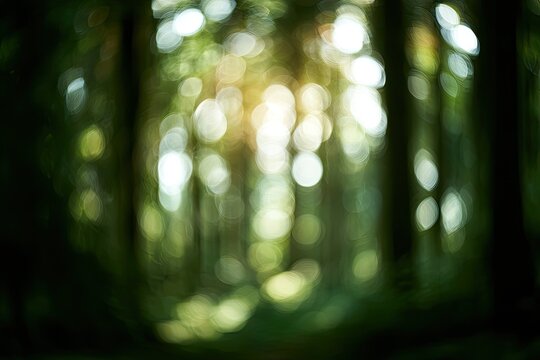 Softly lit forest scene with blurred green foliage and golden sunlight bokeh