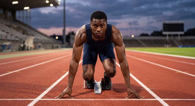 Athletic Black man in starting blocks on a track, ready to sprint, intense focus, stadium lights at dusk.