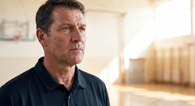 Close-up portrait of a serious middle-aged man wearing a dark polo shirt in a gymnasium.