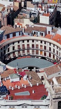 Round Square At Valencia In Valence Community Spain. Medieval Buildings Scenery. Downtown Cityscape. Valencia At Valence Community Spain. Cultural Heritage Skyline. Urban Scene.