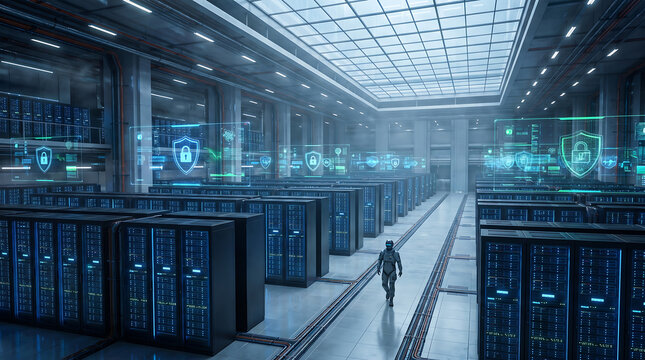 Futuristic server room cyber security data center with glowing shield icons and technician