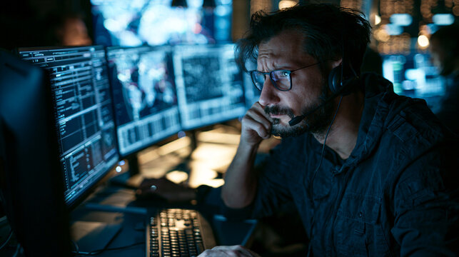 A focused individual wearing a headset engages with multiple computer screens showing data, embodying modern technology and communication in a dynamic, professional environment.