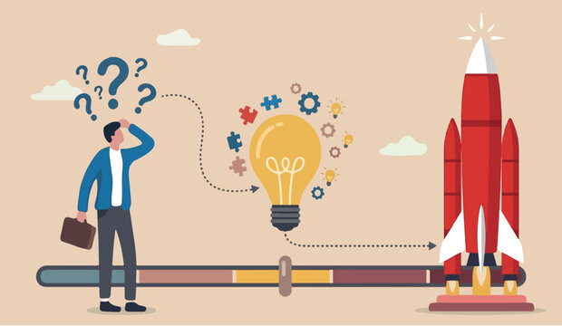 Solution this is solve problem, asking question and answer,to discover idea, solving business difficulty big red rocket concept, thoughtful businessman think of solution solve problem with lightbulb