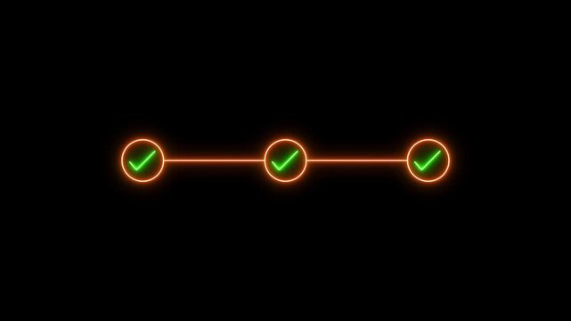 neon 3 step infographic process with check mark icon on black background. Glowing green neon step by step process line icon, Animated of step process success with check marks.