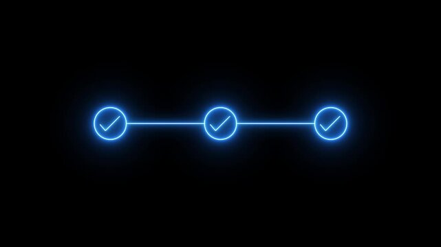neon 3 step infographic process with check mark icon on black background. Glowing blue neon step by step process line icon, Animated of step process success with check marks.