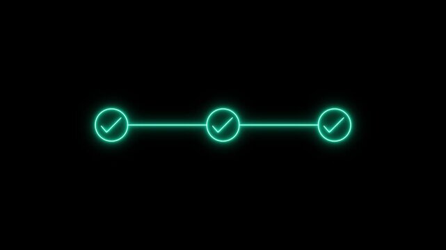 neon 3 step infographic process with check mark icon on black background. Glowing cyan neon step by step process line icon, Animated of step process success with check marks. 
