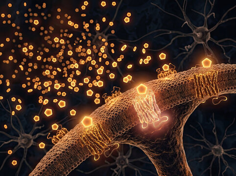 Digital illustration of molecular interactions neural network, showcasing adenosine