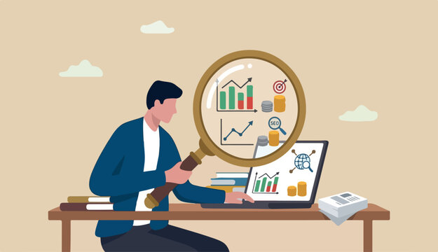 Market research data analysis, analyze business data financial report, SEO analytics profit earning concept, businessman analyst with magnifying glass analyze data computer laptop