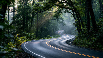 Obraz premium A winding road nestled within a lush forest, shrouded in mist and greenery. The fresh air and tranquil environment invite travelers to explore the beauty of nature.