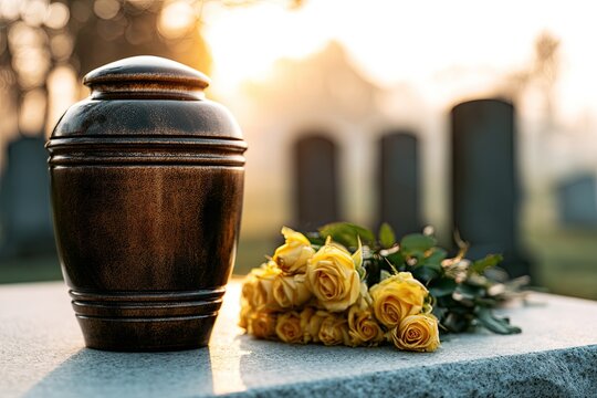 Bronze urn and yellow roses sit on a tombstone in a cemetery at dawn