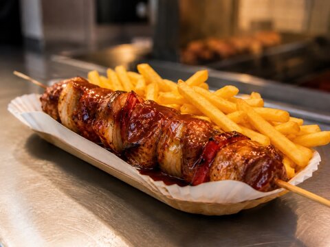 Saftiger Schaschlikspie&szlig; mit Fleisch, Paprika und Zwiebeln in w&uuml;rziger roter So&szlig;e, serviert mit knusprigen Pommes. Klassisches deutsches Imbissgericht frisch von der Theke.