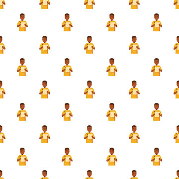 Pattern featuring repeating illustrations of a young boy student holding a blank paper