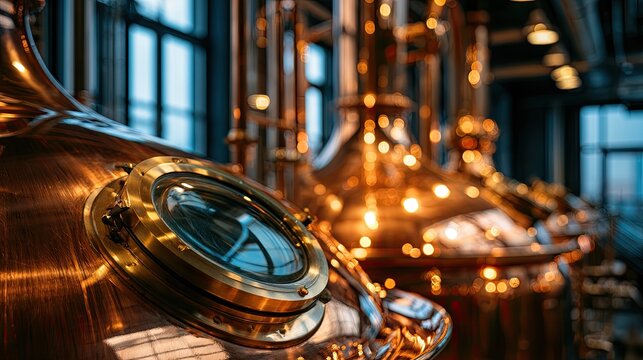 Close-up of large, polished copper stills in a dimly lit industrial facility