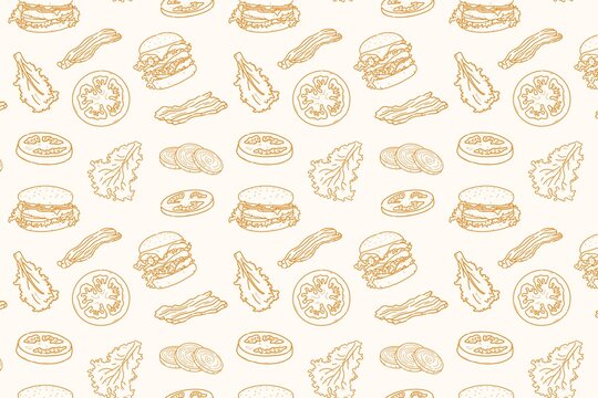 Cream Burger Ingredients Seamless Pattern Hand Drawn Food Vector Background. Suitable for food packaging, cafe branding, wrapping paper, wallpaper, textile, and decorative surface design.