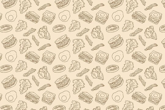 Hand drawn seamless pattern with assorted burger ingredients on a beige background. Ideal for food packaging, restaurant branding, wrapping paper, textile printing, stationery, and surface pattern 