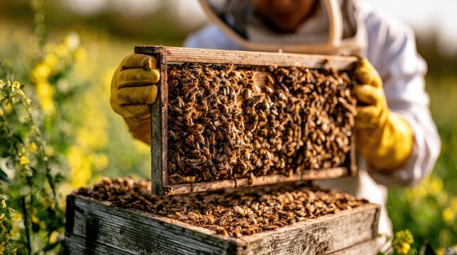 Beekeeper tending to a busy hive frame filled with bees in a vibrant meadow